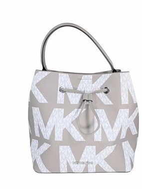 Michael Kors Gray Leather Graphic Signature Print Suri Drawstring Bucket Bag